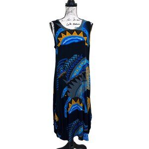 Vasna Sleeveless Dress Size M Abstract Pattern Art to Wear Rayon Black Blue